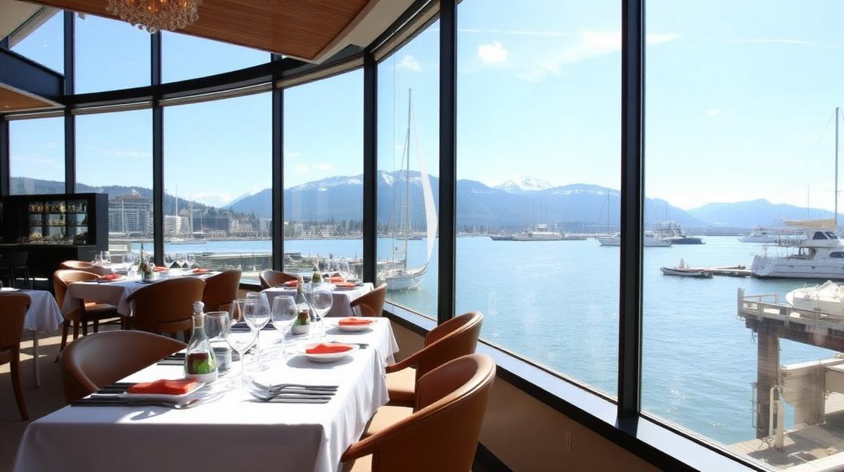 Vancouver waterfront restaurant with mountain and ocean views