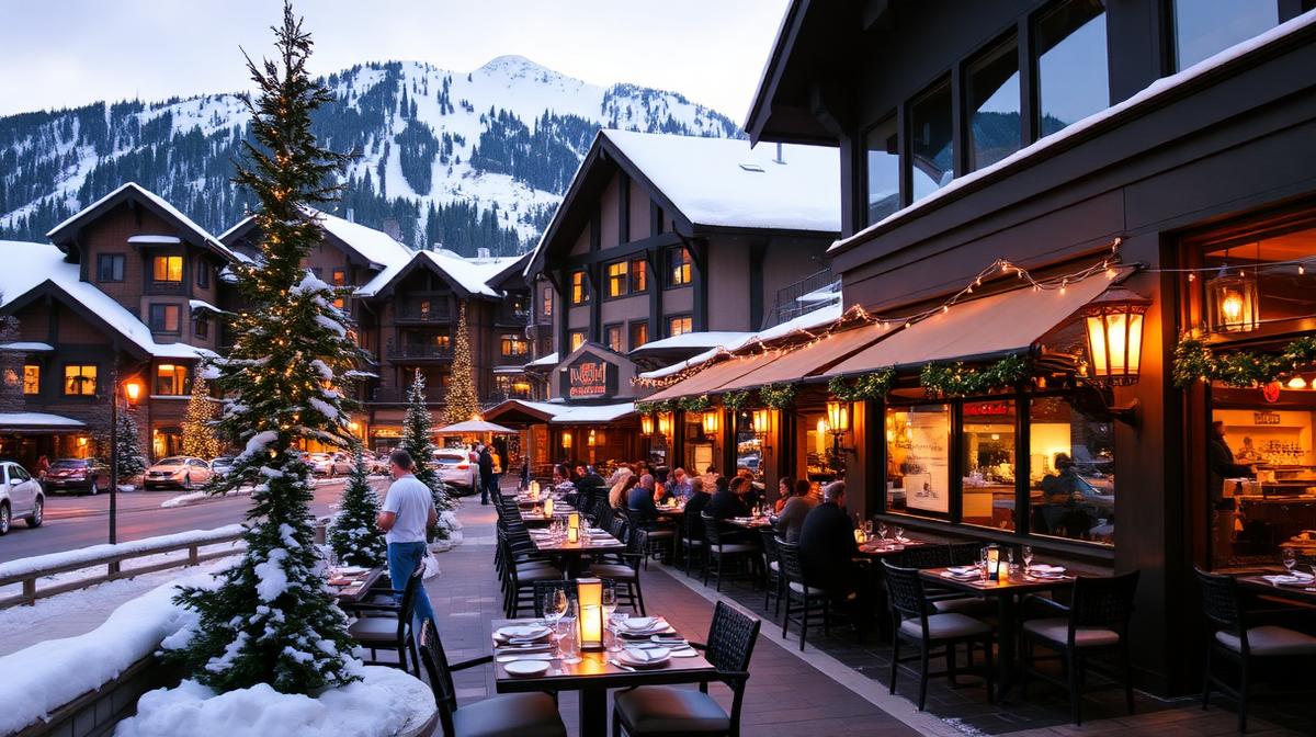 Whistler village outdoor restaurant dining in winter with snow-capped mountains