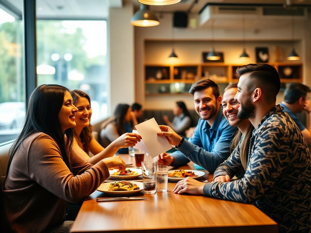 Group of friends using bill splitter calculator to divide restaurant check and calculate tip per person