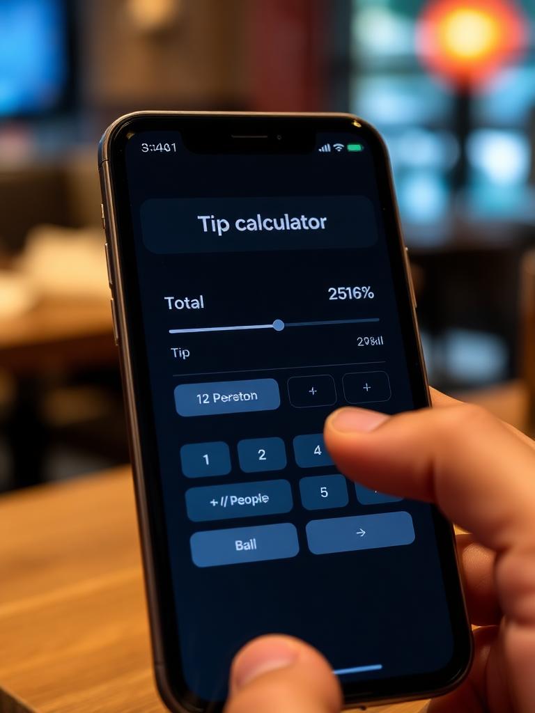 SnapTipCalc bill splitter interface calculating per person amount with tip - split check calculator screen