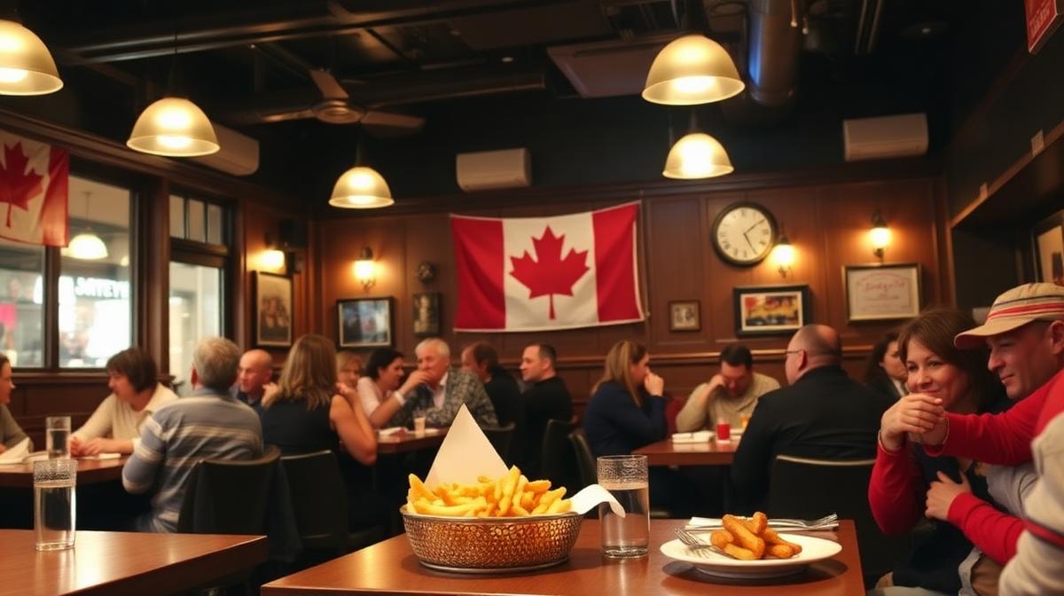 Busy Canadian restaurant with warm atmosphere and Canadian flag