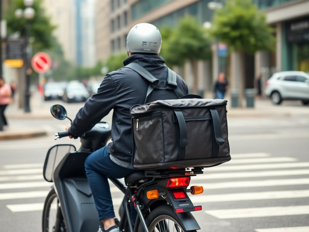 Food delivery driver on bicycle with insulated bag delivering DoorDash Uber Eats order - how much to tip delivery