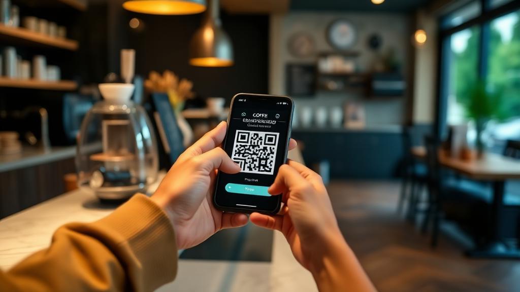 Person using smartphone to tip via QR code at a café counter