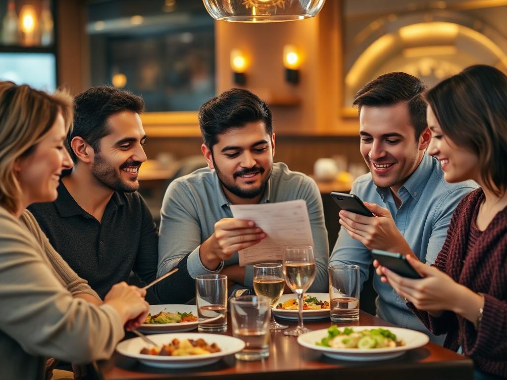 Friends calculating how to split restaurant bill fairly using bill splitter calculator