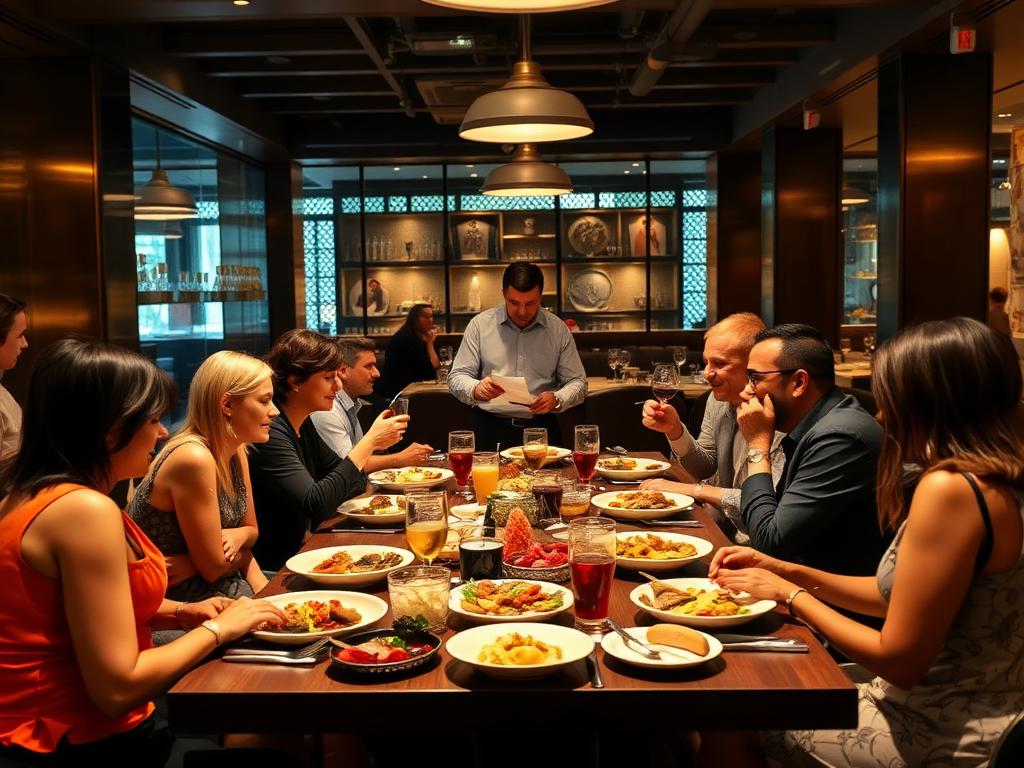Friends dining together at restaurant sharing multiple dishes - group dining bill splitting tips