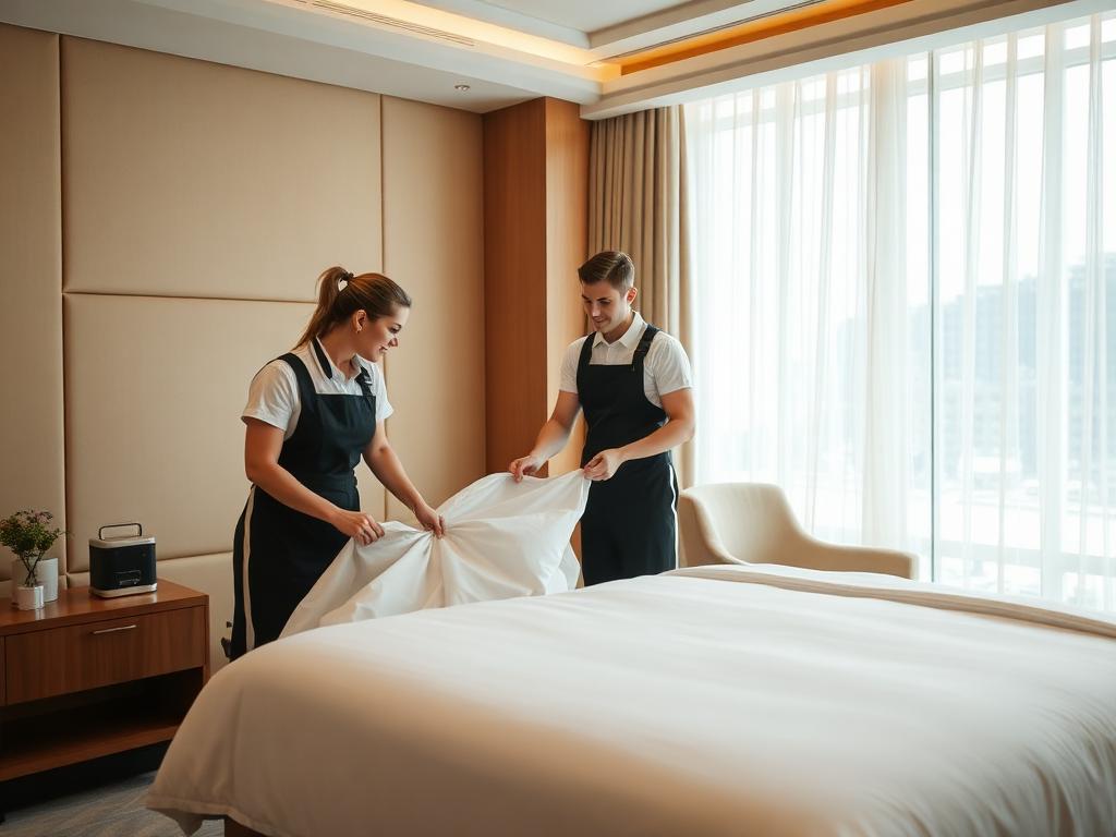 Hotel housekeeping staff making luxury bed - how much to tip housekeeping per day