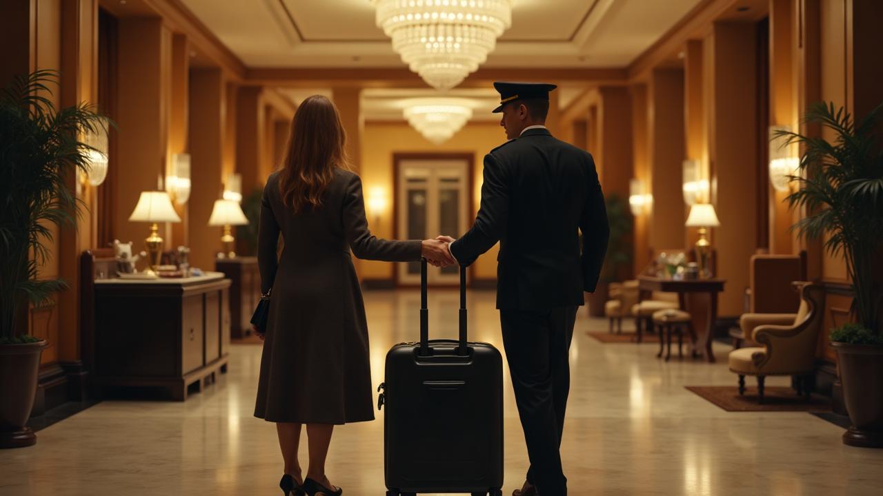Hotel lobby with bellhop helping guests - comprehensive hotel tipping guide