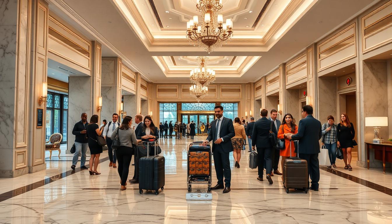 Luxury hotel lobby with international travelers - worldwide hotel tipping guide