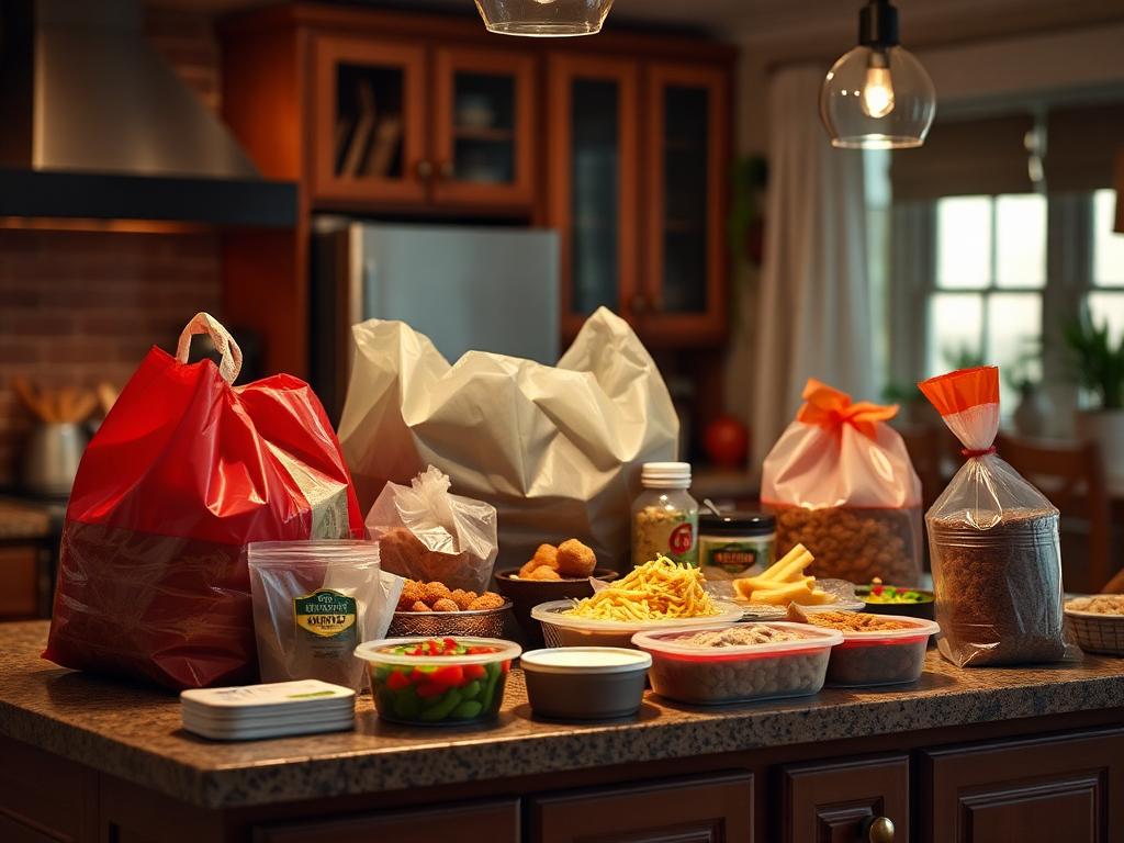 Large family meal takeout order with multiple bags on kitchen counter