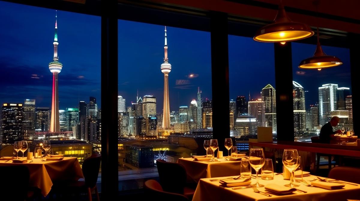 Upscale Toronto restaurant with CN Tower visible through window at night