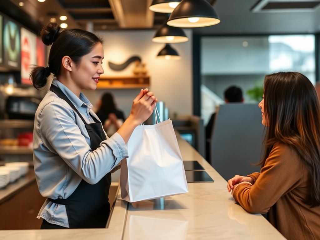 Restaurant worker handing takeout food order to customer at pickup counter - how much to tip on takeout