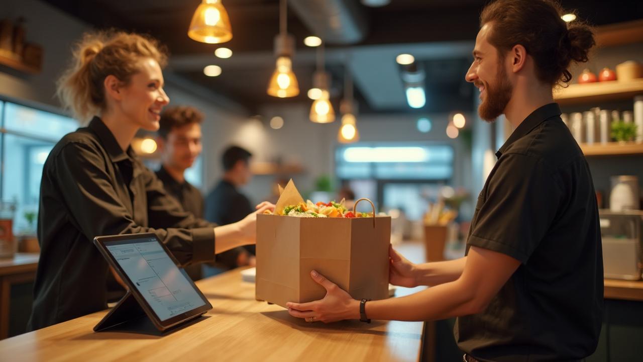 Customer picking up takeout order at restaurant counter - tipping guide for counter service