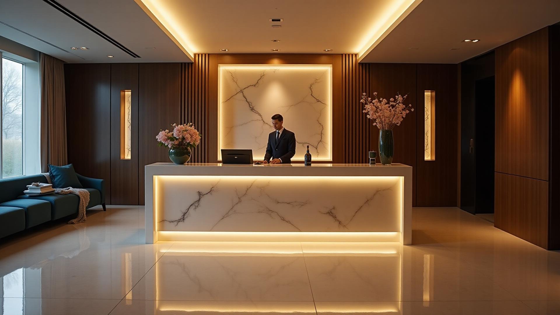 Professional concierge desk at upscale hotel lobby - tipping etiquette for hotel services