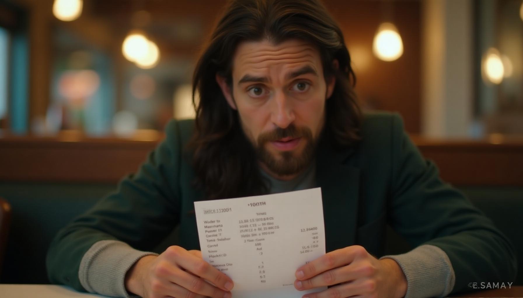 Person looking confused at a restaurant bill while calculating tip