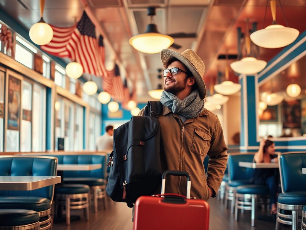 Tourist with luggage at American diner exploring different states